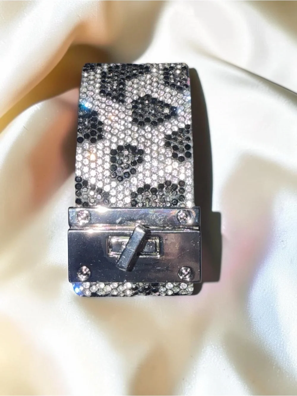 Black & Silver Rhinestone Leopard Print Wide Bracelet